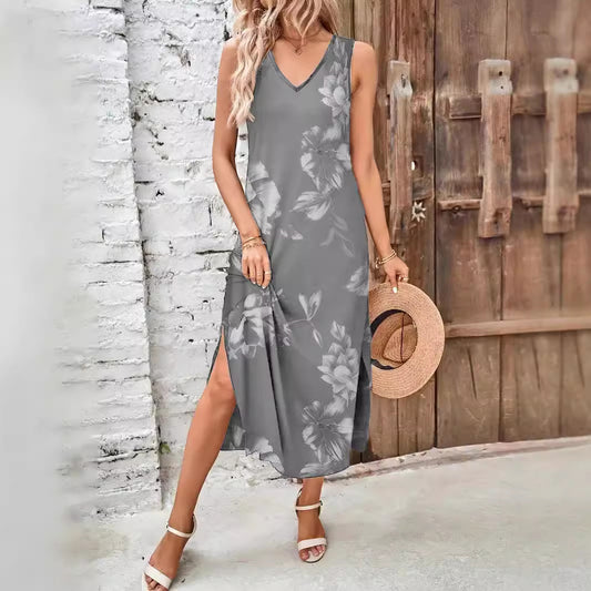 V-neck Slit Fashionable Slip Dress With A Printed Design