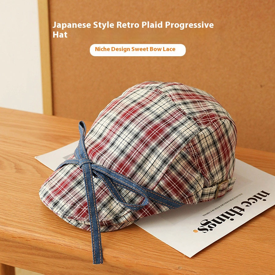 Bow Plaid Advance Hats Girls Japanese-style Retro