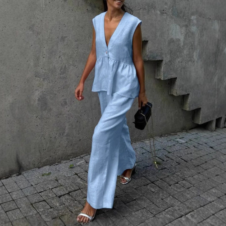 Womens Cotton V-Neck Sleeveless Vest And Wide-Leg Pants Set