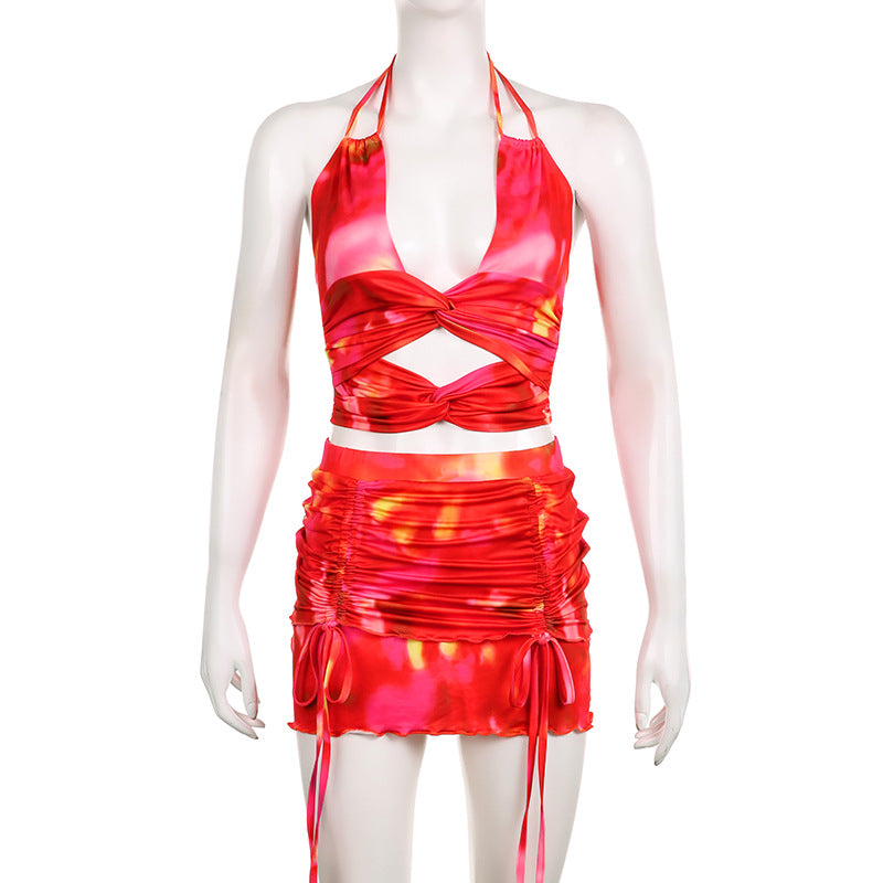 Tie-dyed Printed Deep V Halter Corset High Waist Short Skirt