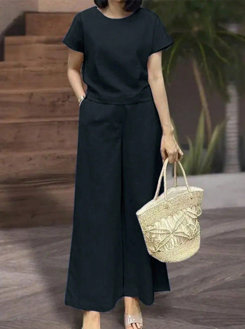 Womens Short-Sleeve Sporty Casual Set Cropped Loose Top And Cropped Pants Two-Piece Set