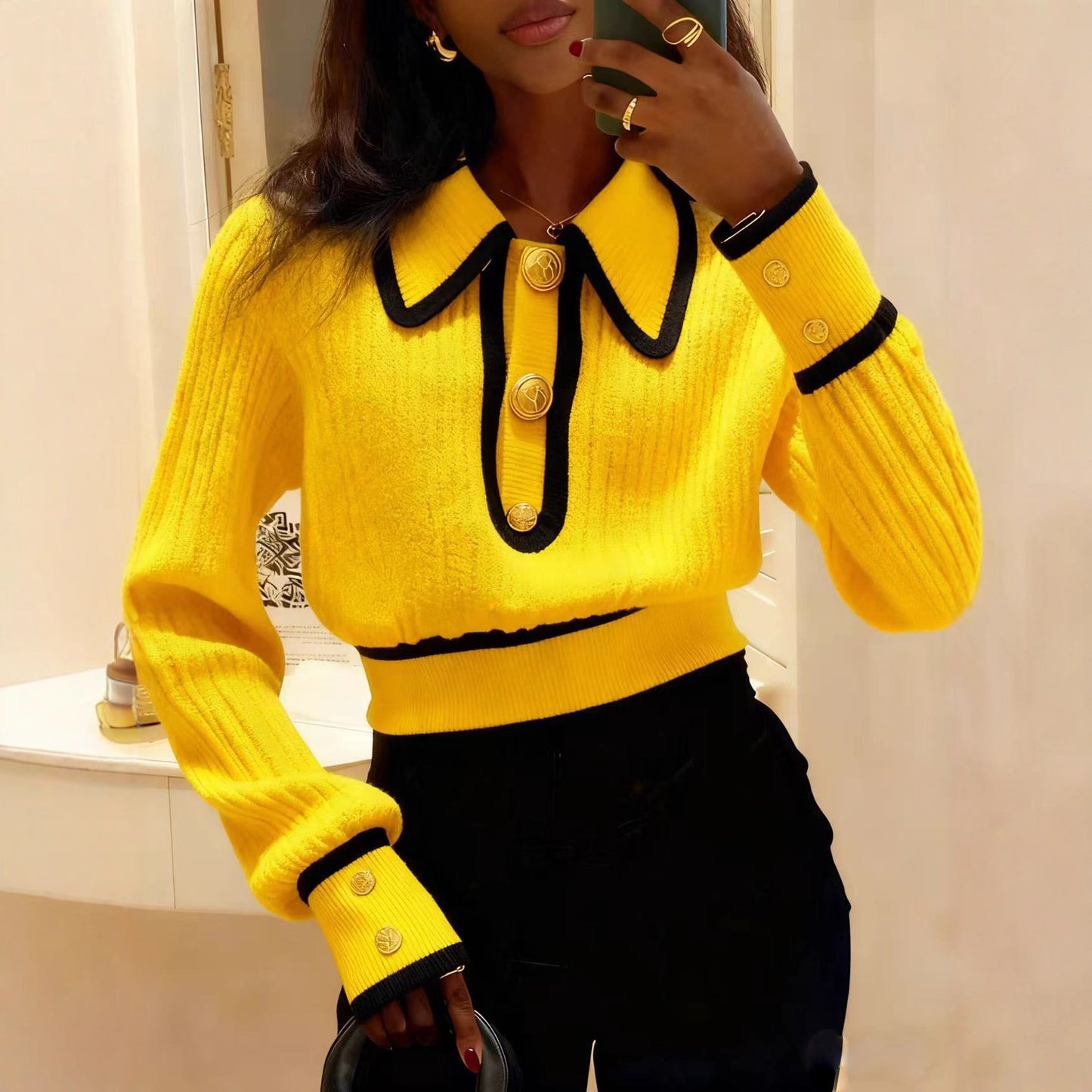 Designer-style Red Sweater With A Bold Color-block Design For Fall And Winter