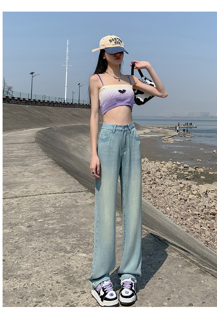 Jeans Women's High Waist Slimming Draping  Silk Straight
