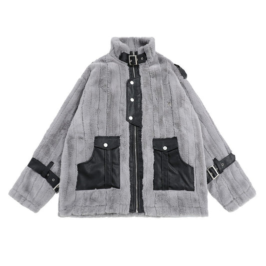 Pocket Color Contrast Patchwork Pu Lamb Wool Stand Collar Coat