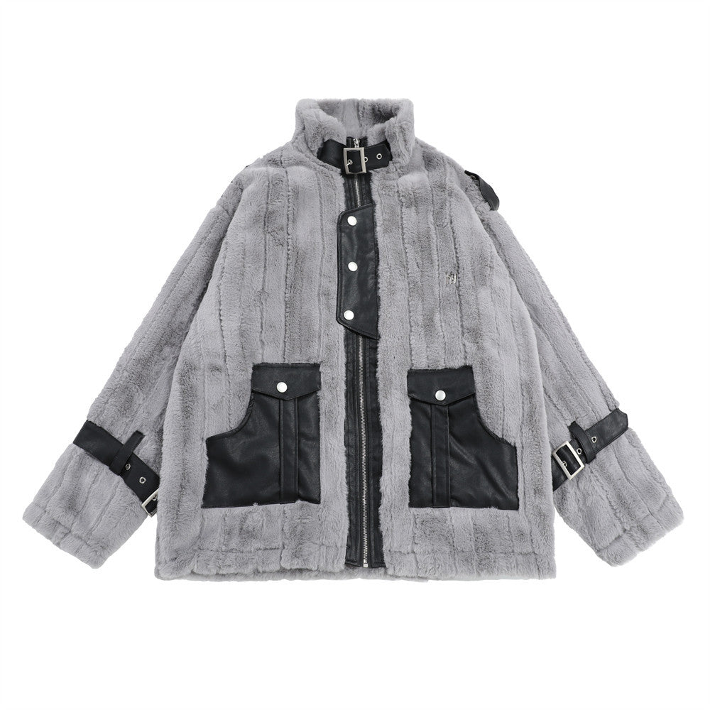 Pocket Color Contrast Patchwork Pu Lamb Wool Stand Collar Coat