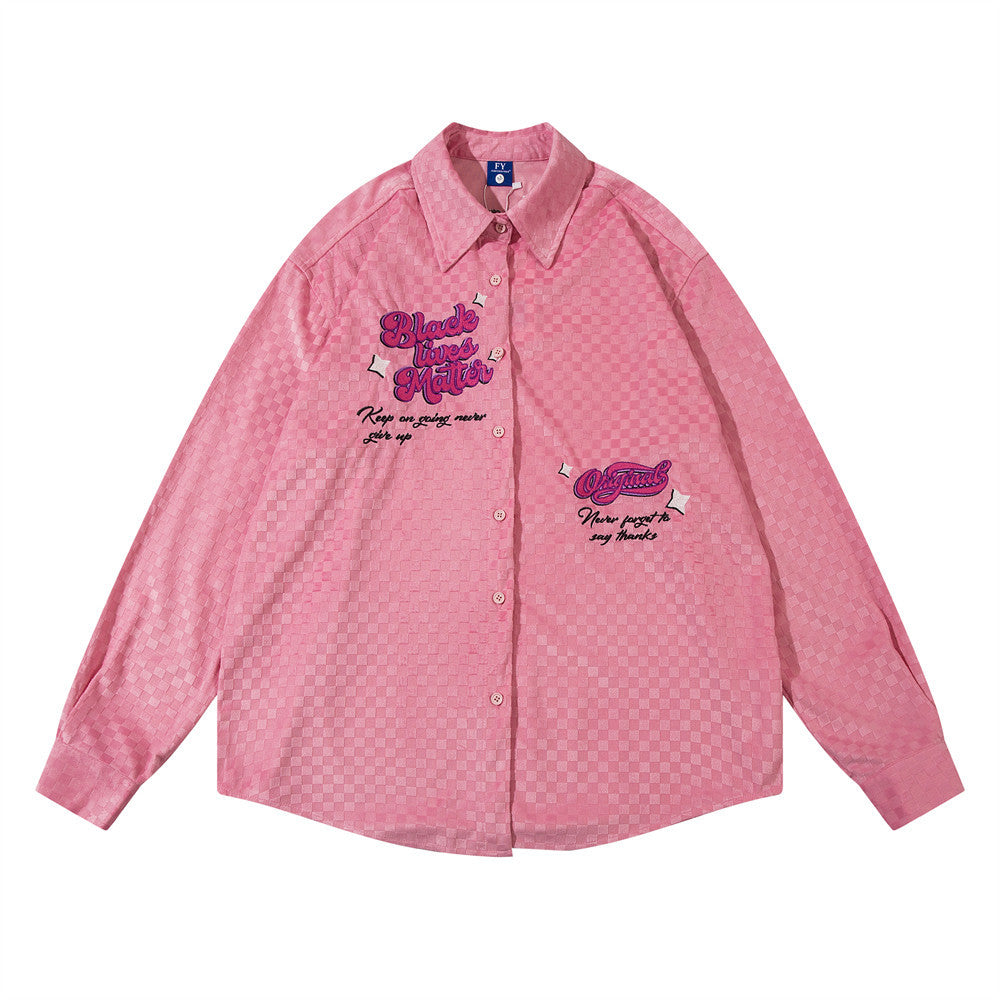 Embroidered Letter Chessboard Plaid Long Sleeve Shirt Coat