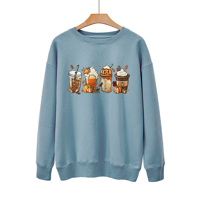 Ny Kaffe Græskar Halloween Gade Forår Efterår Og Vinter Rund Hals Løs Afslappet Pullover