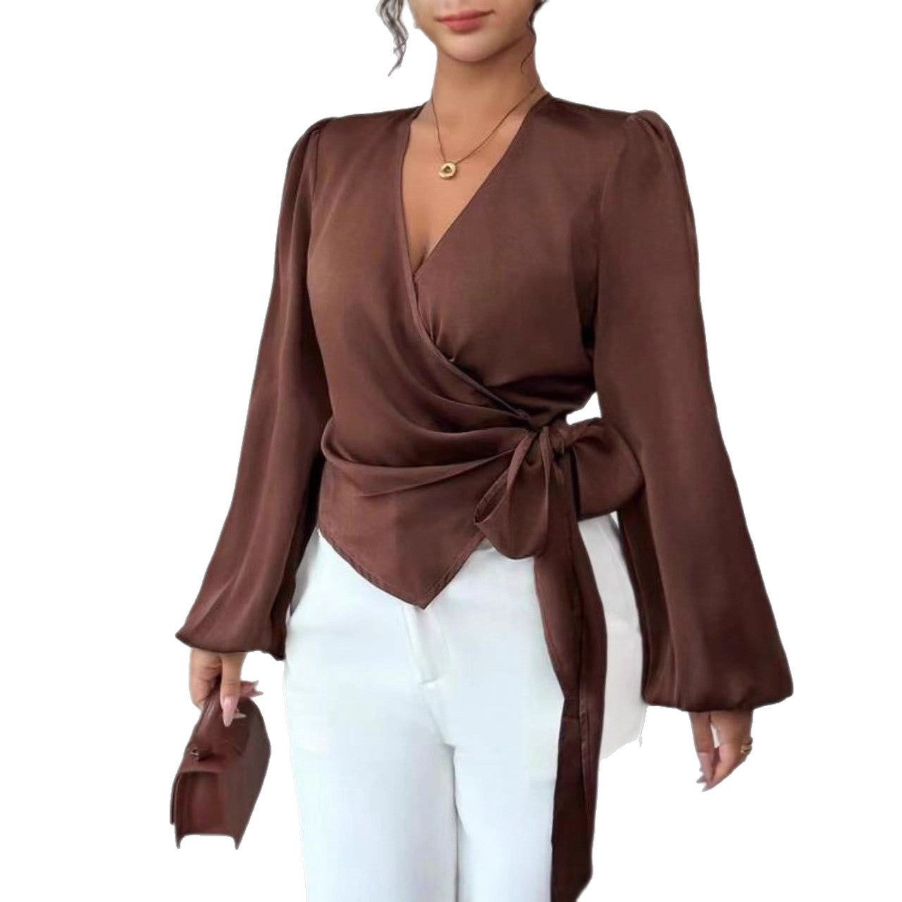 Light Mature Style New Long-sleeved Waist-cinching Belly-covering Shirt
