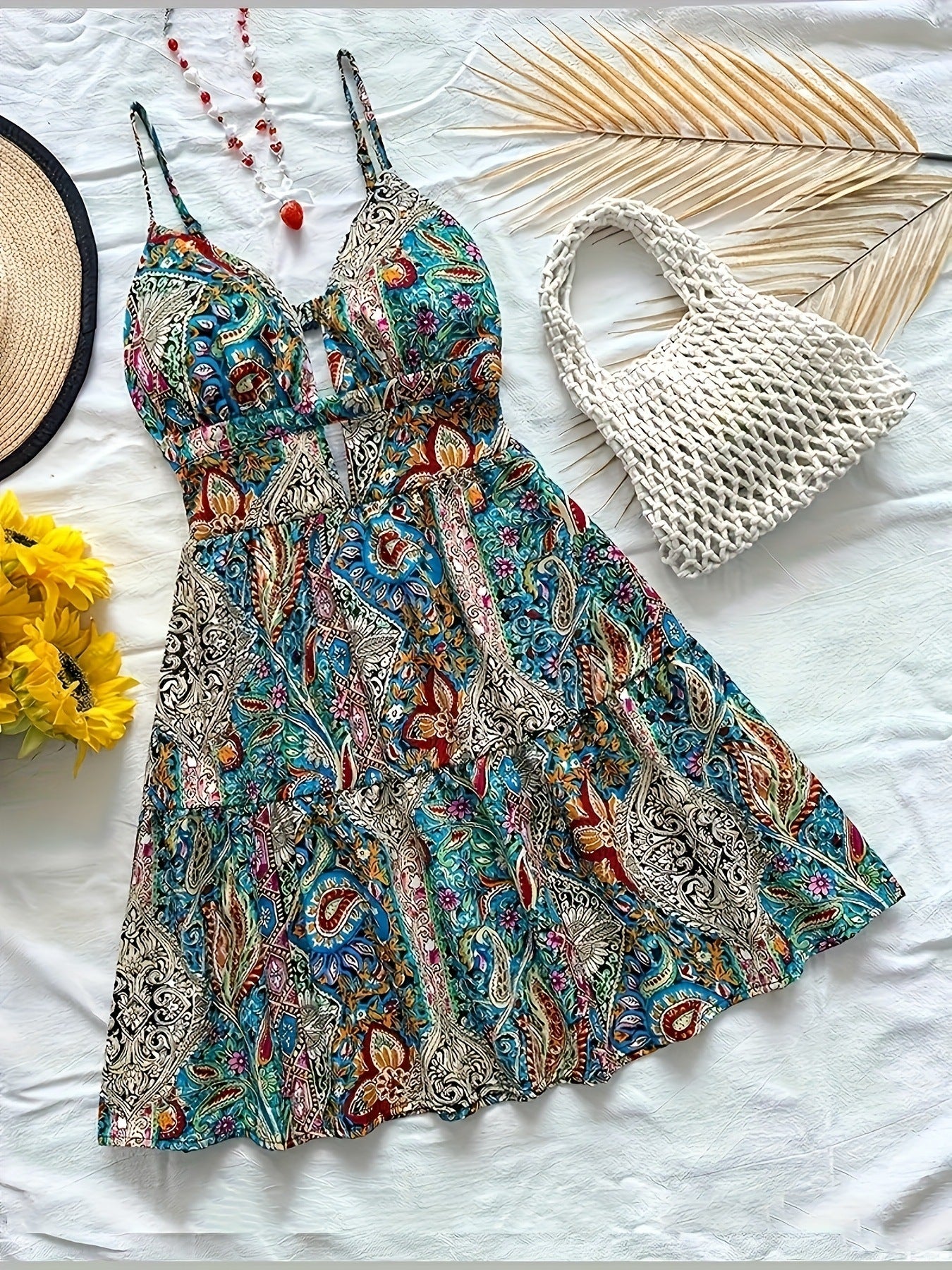 Printed Strap V Neck Hollow Out Backless Beach Dress