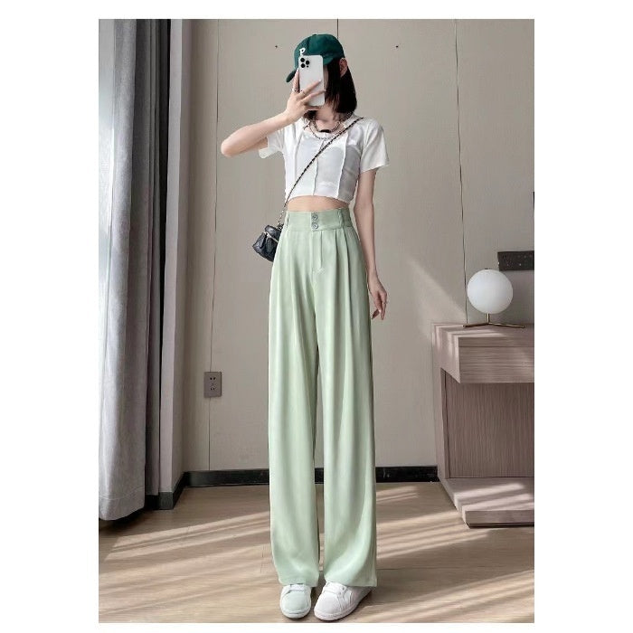 Green Ice Silk Wide-leg Pants Women's Summer Thin High Waist