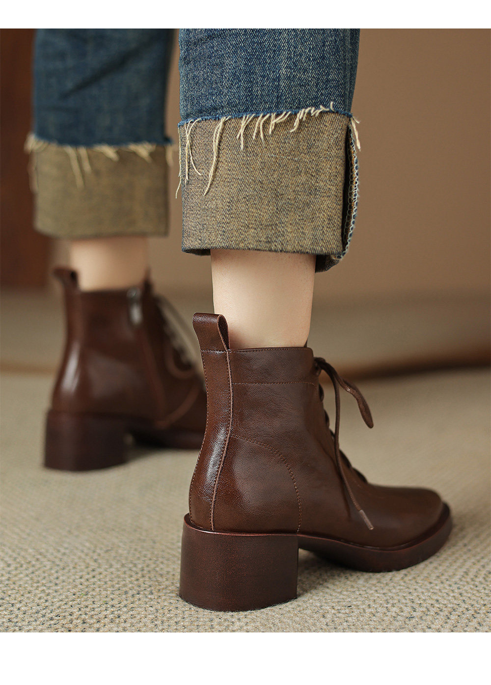 Retro Brown Leather Lace-up Boots