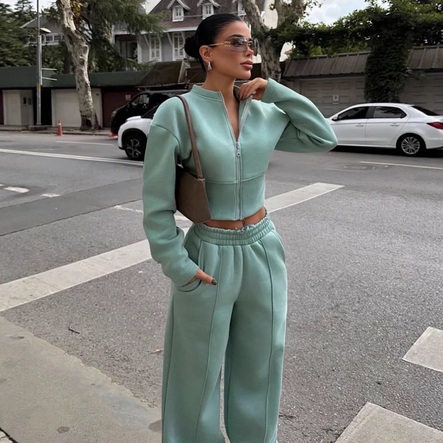 Zip-up Cardigan Jacket And Drawstring Pants Two-piece Set For Spring And Fall