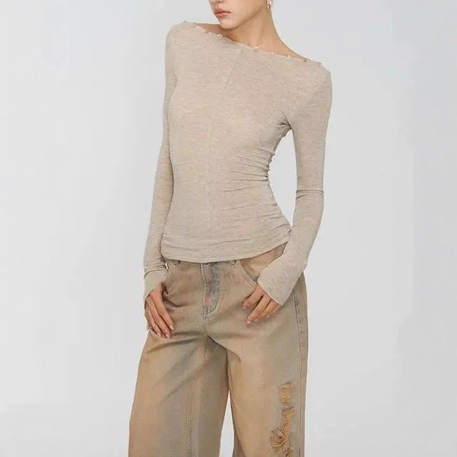 Reversible Button-front Off-shoulder T-shirt With A Slim Fit And Long Sleeves
