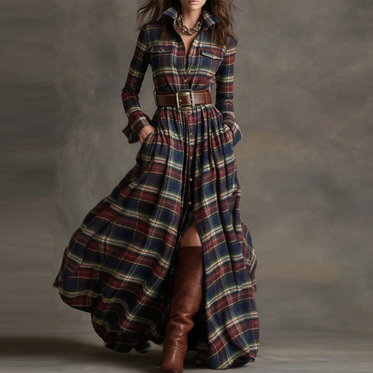 Women's Retro Long-sleeve Shirt Dress