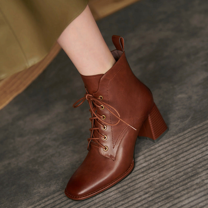 Women's Autumn And Winter British Retro Lace Up Short Simple Fashion High Heel Boots