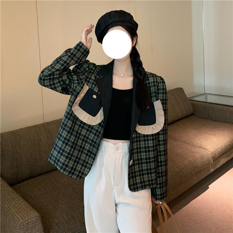 Design Sense Niche Green Plaid Suit Jacket