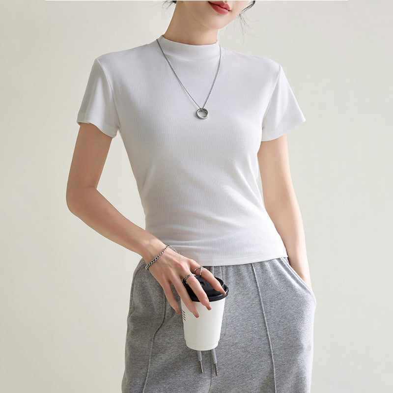 Elegant Slim-fit Solid Color Shoulder Round Neck Short Sleeve