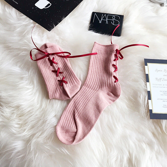 Ribbon Cross Strap Bow Vertical Pure Cotton Girl Student Lace-up Socks