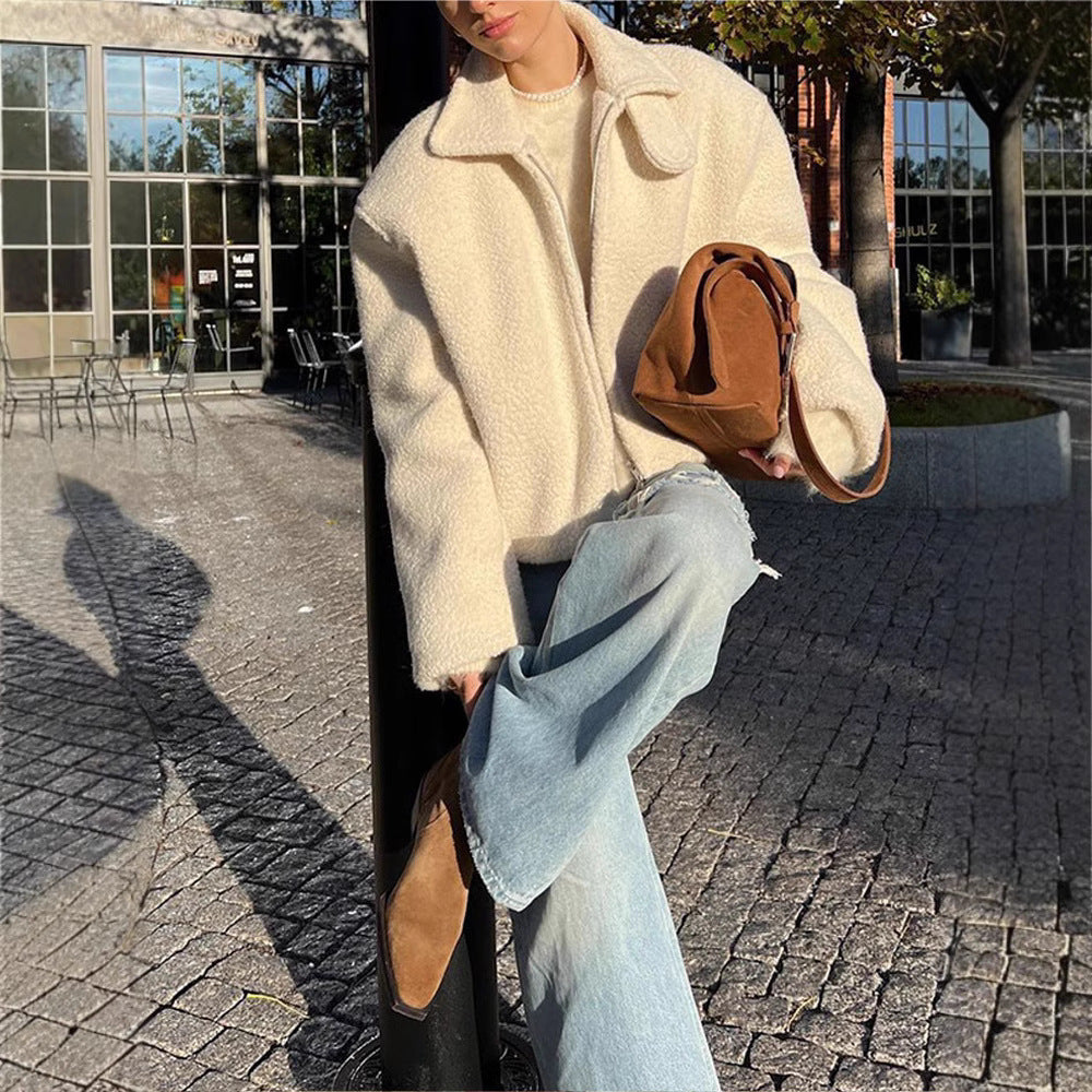 Solid Color Short Lamb Wool Thickened Autumn And Winter Warm Casual Jacket Coat