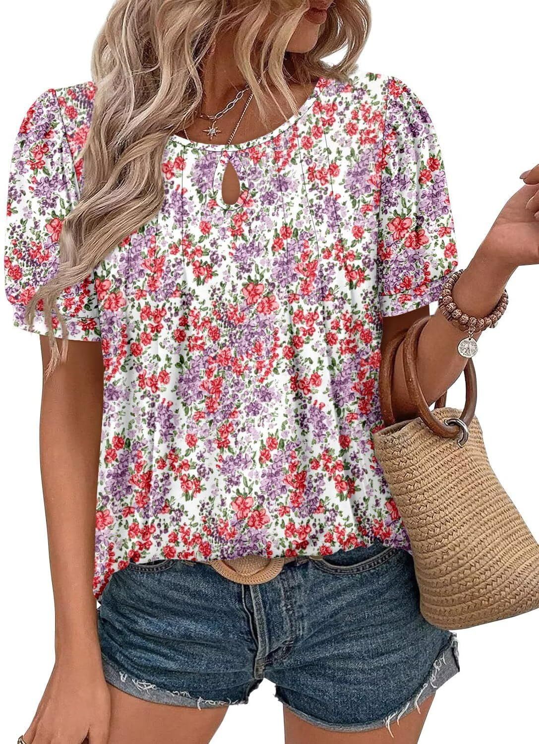 Rundhalset T-shirt til kvinder med blomsterprint