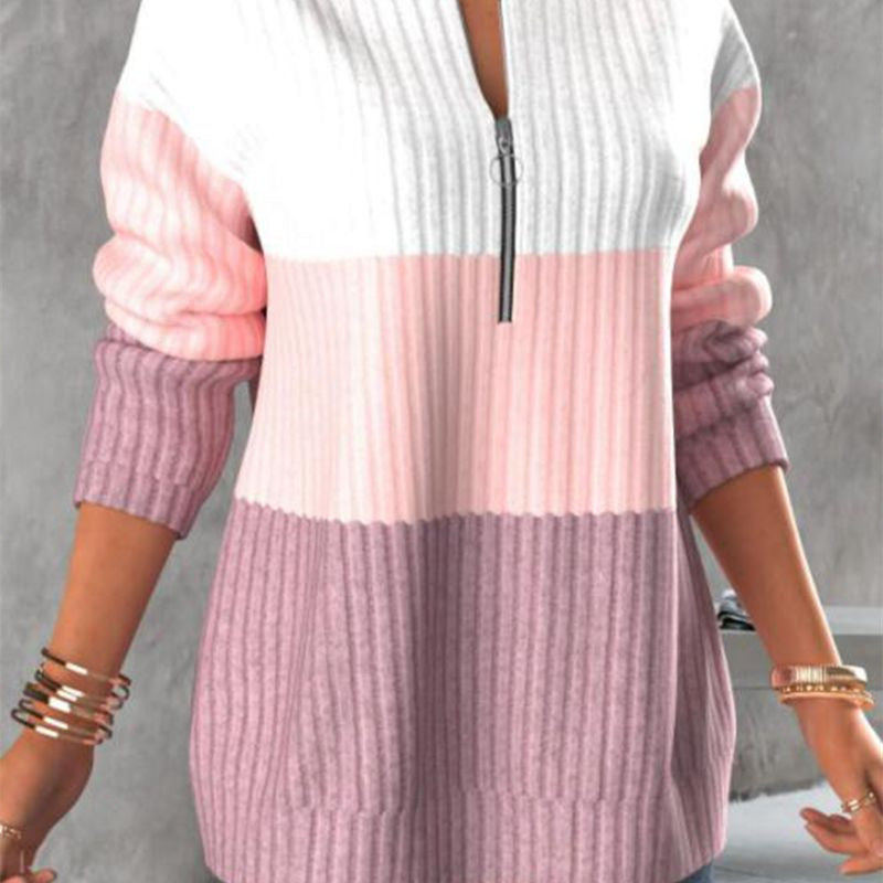 Zipper Contrast Panel Standing Neck Long Sleeve