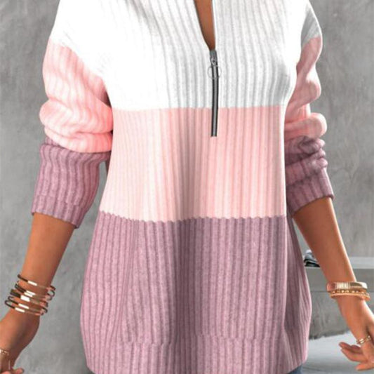 Zipper Contrast Panel Standing Neck Long Sleeve