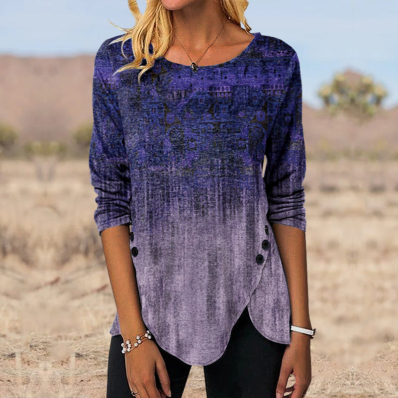 Digital Retro Printed Button Irregular Hem Round Neck Long Sleeve 3D