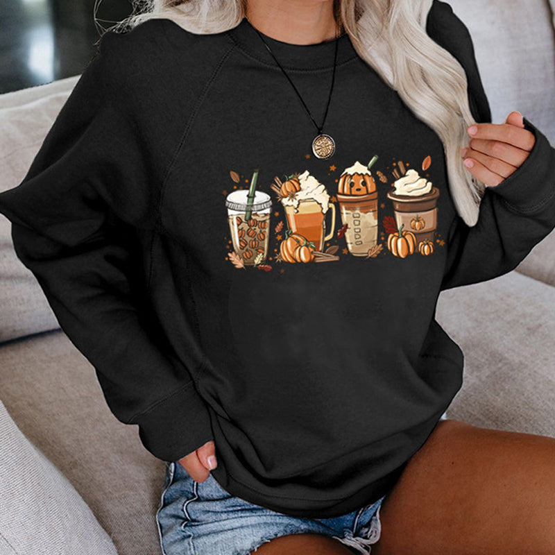 Ny Kaffe Græskar Halloween Gade Forår Efterår Og Vinter Rund Hals Løs Afslappet Pullover