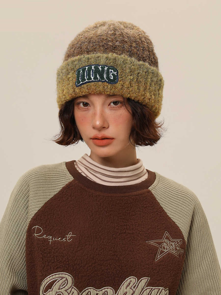 Wool Blend Vintage Gradient Embroidery Knitted Hat Women