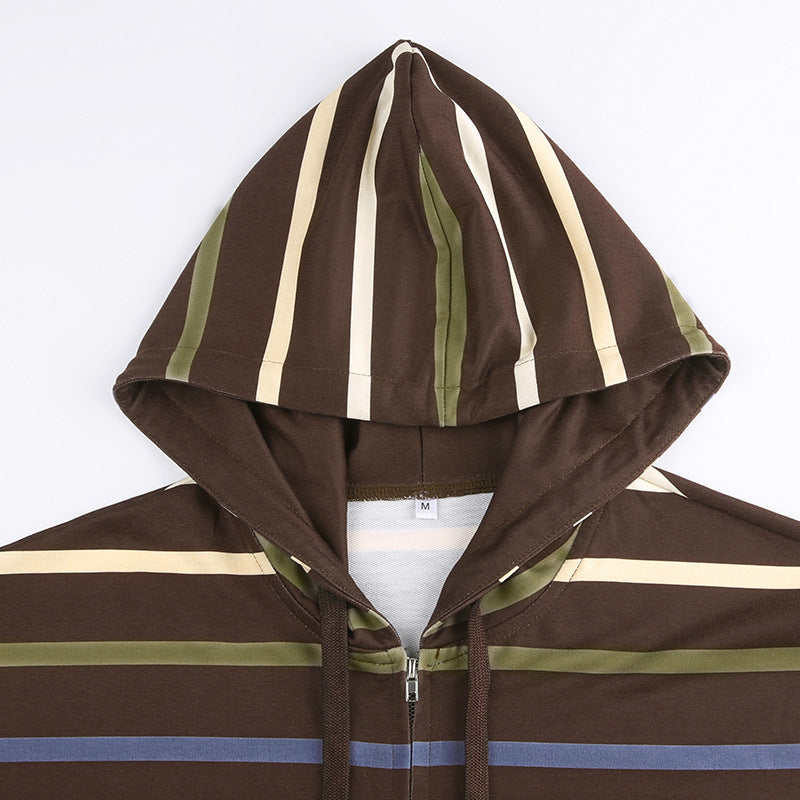 Fashion Stripe Printed Loose Hooded Sweater