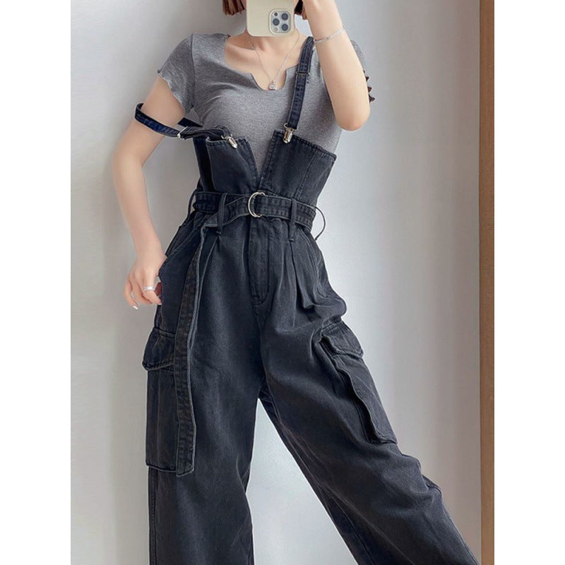Loose Wide Leg Denim Suspender Pants Women's Autumn Fashion