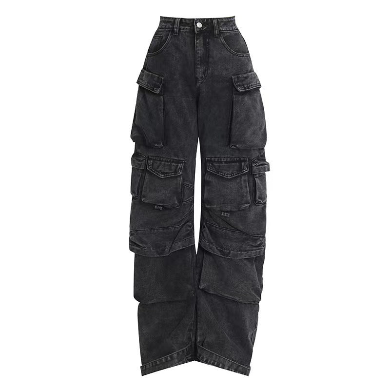 High Waist Trousers Street Hipster Multi-pocket Wide Leg Tie-dyed Jeans