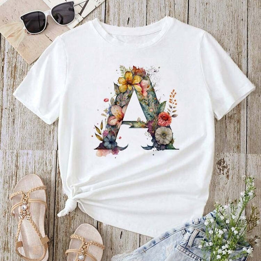 Stylish Womens T-shirt Featuring A Floral Letter Font With The First Letter Of Your Name Short-sleeve Top In White