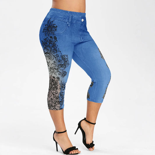 Mid-rise Printed Faux Denim Skinny Cropped Pants