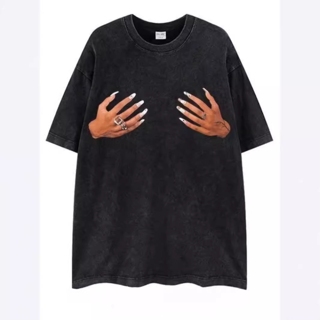 American Washed Distressed Spoof Finger Print Short Sleeve