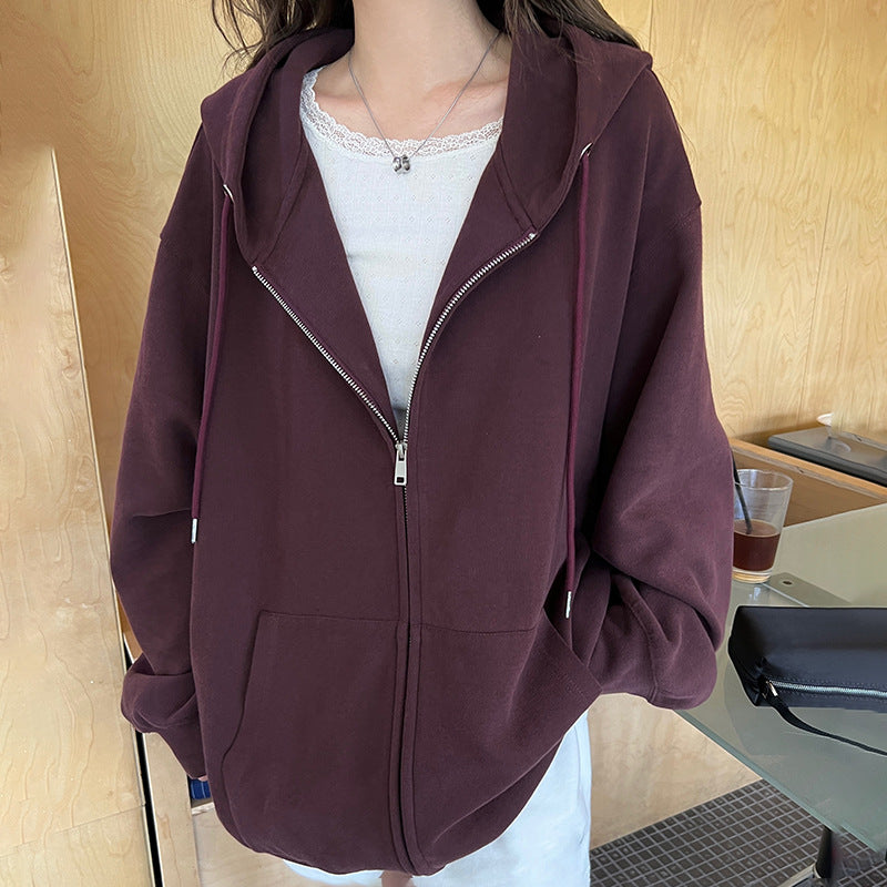 Solid Color Zipper Sweater Coat Women's Autumn Korean Style Hooded