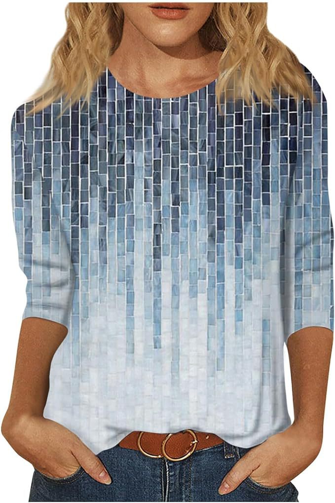 Women's Top Three-quarter Sleeve Summer Ethnic Floral Slim Fit Cute Top Round Neck Slim Fit Printed T-shirt