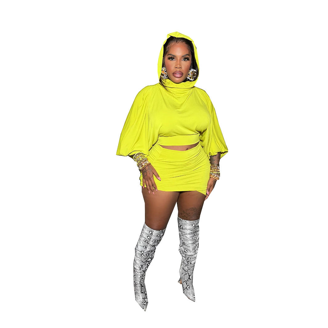 Hooded Bubble Sleeve Crop Top With Waist-cinching Pleated Wrap Skirt Two-piece Set