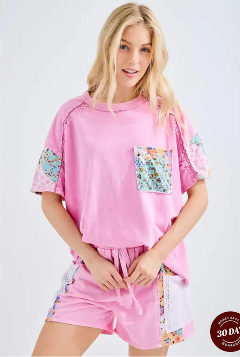 Casual Round Neck Short Sleeves Stitching Floral T-shirt Top
