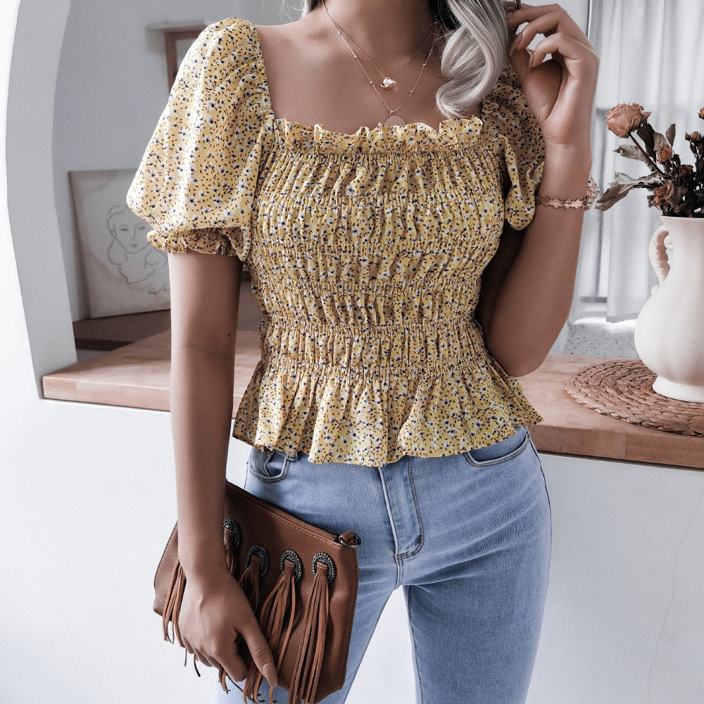 Square Neck Lantern Sleeve Ruffle Floral Chiffon Shirt Top