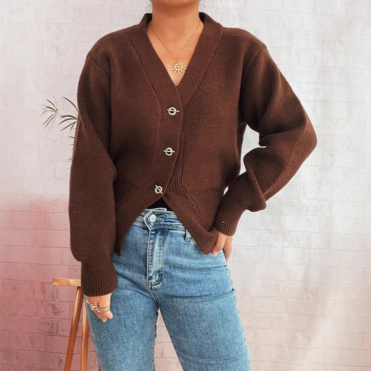 Commute Slim-fit Tight Waist Deep V-neck Metal Button Solid Color Knitted Cardigan Sweater