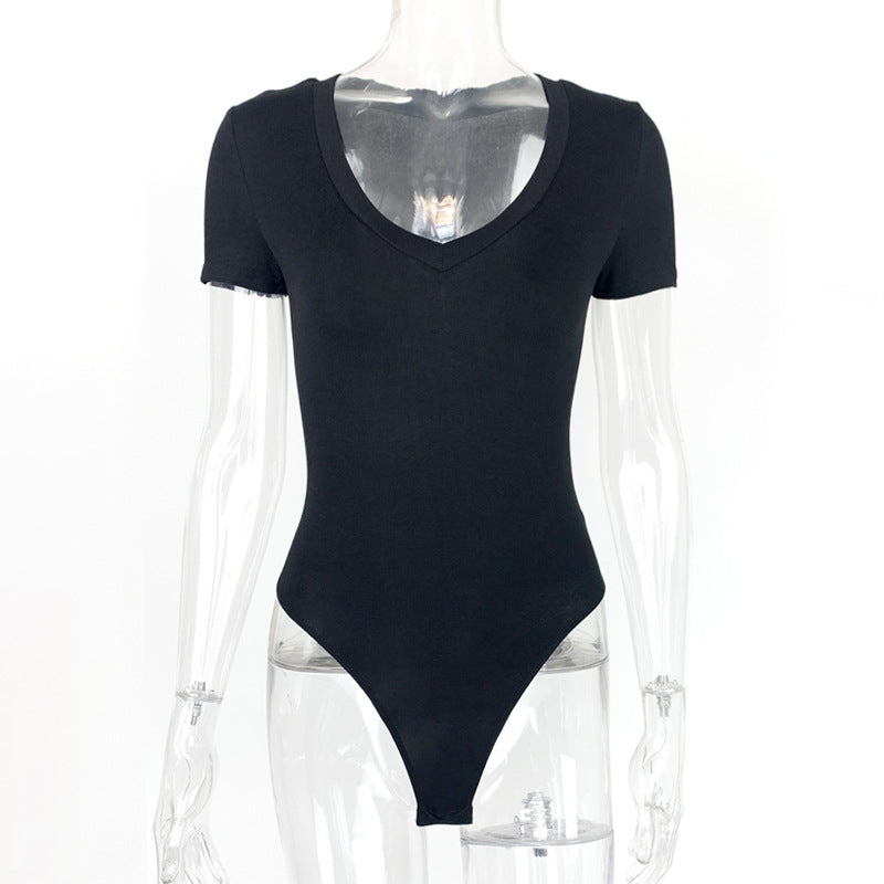 Women's Fashion Short-sleeved V-neck Tight-fitting Jumpsuit