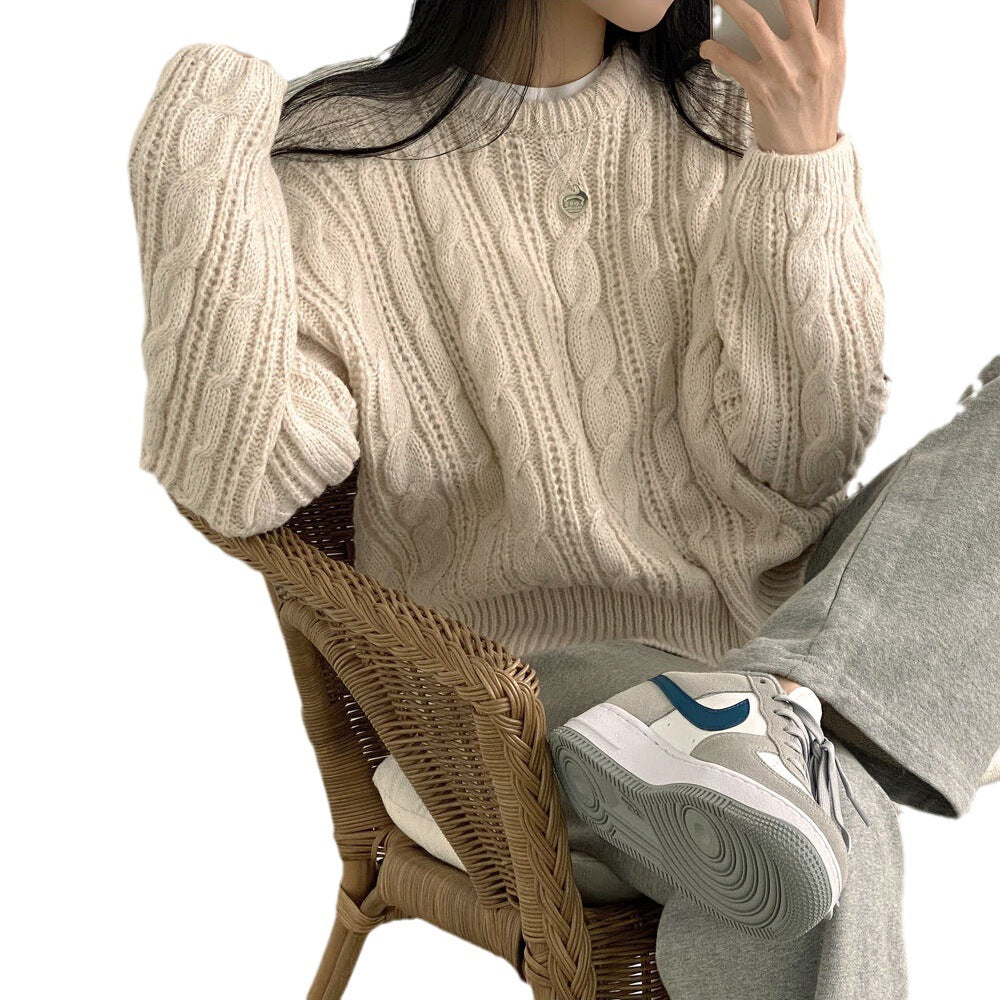 Thick Twist Sweater Idle Style Round Neck Solid Color Pullover Long Sleeve