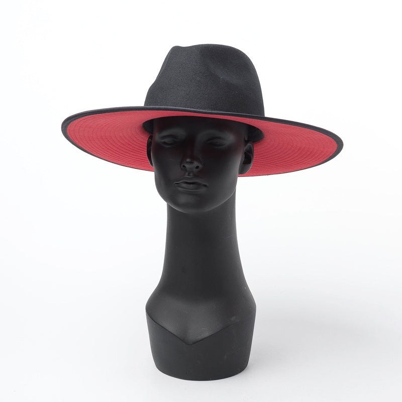 Women's Double-layer Color-blocking Wool Hat With Large Brim