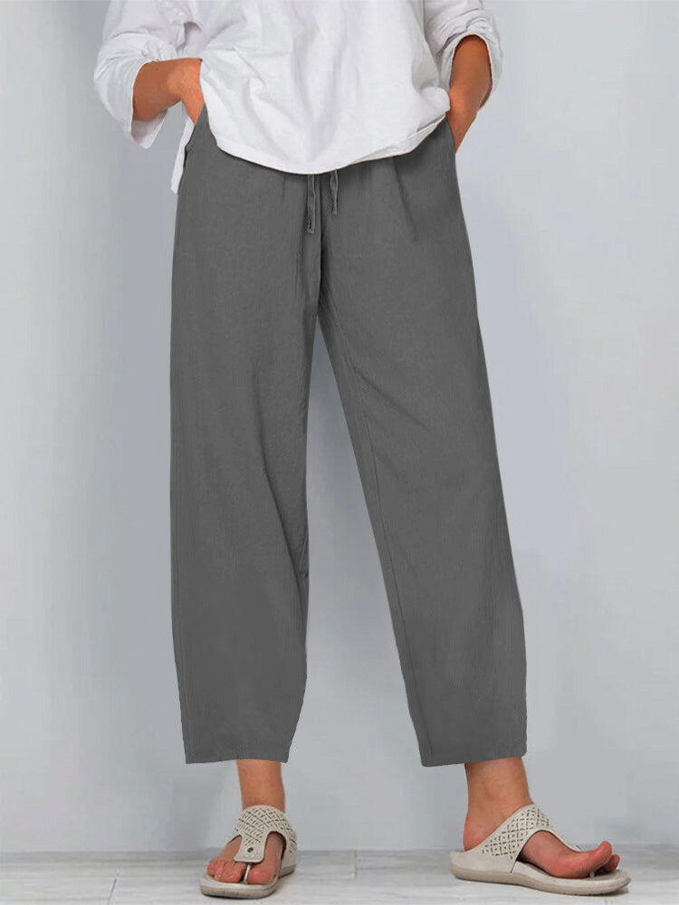 Elastic Waist Solid Color Cotton And Linen Wide Leg Casual Trousers