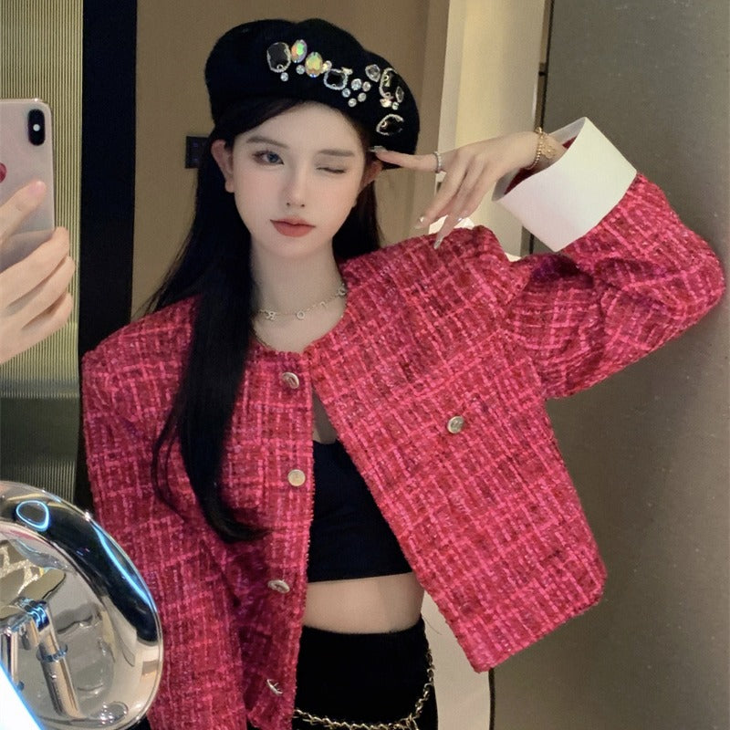 Rose Red Loose Autumn Short Jacket Top Button Long Sleeve