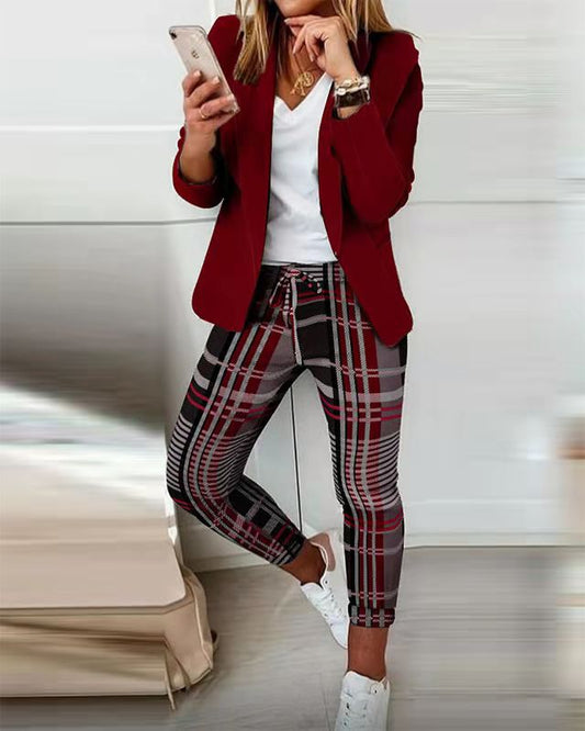 Women's Check Contrast Color Casual Suit