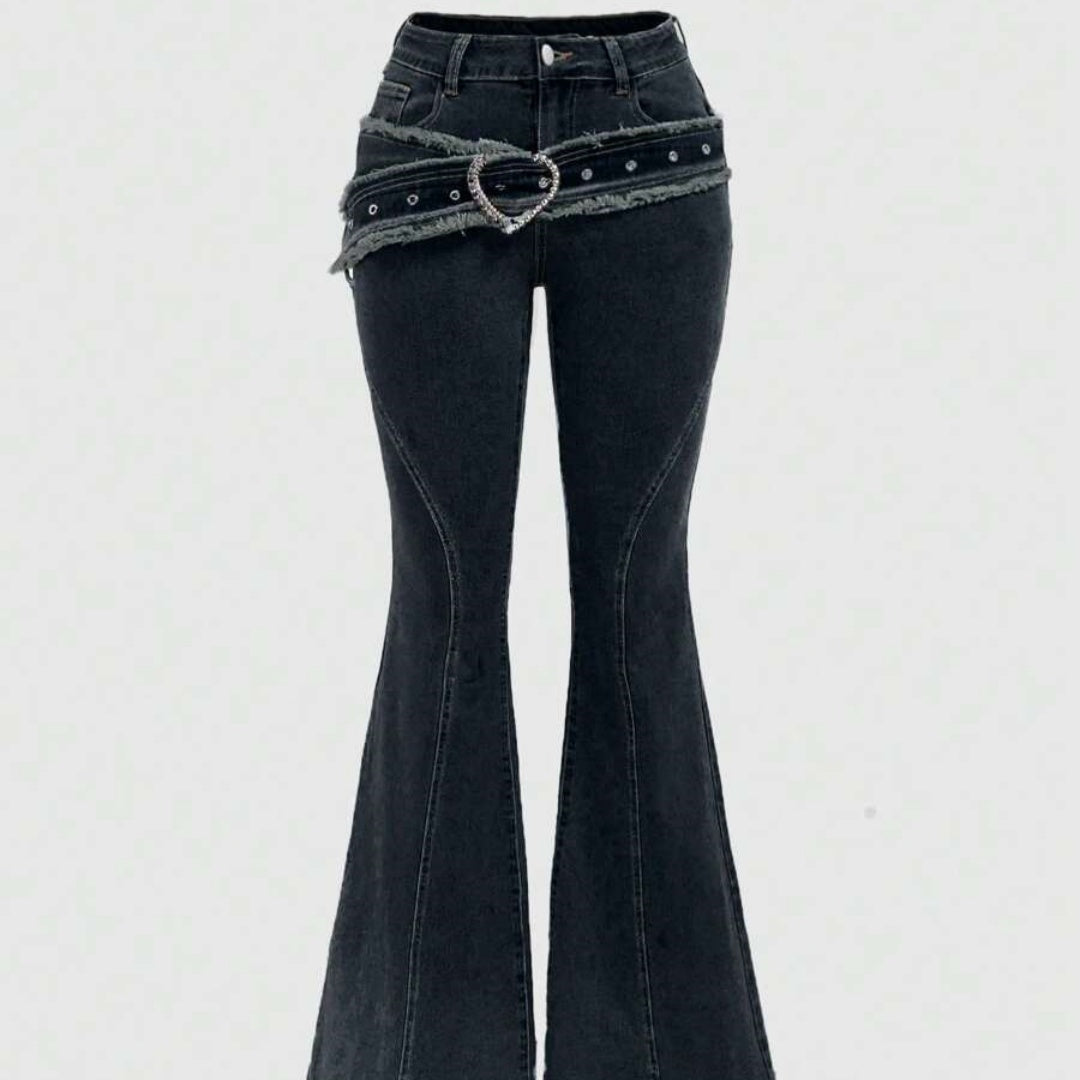 Punk-style Vintage Metal Heart-shaped Belt Frayed-edge Jeans