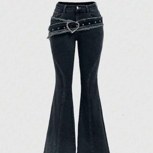 Punk-style Vintage Metal Heart-shaped Belt Frayed-edge Jeans