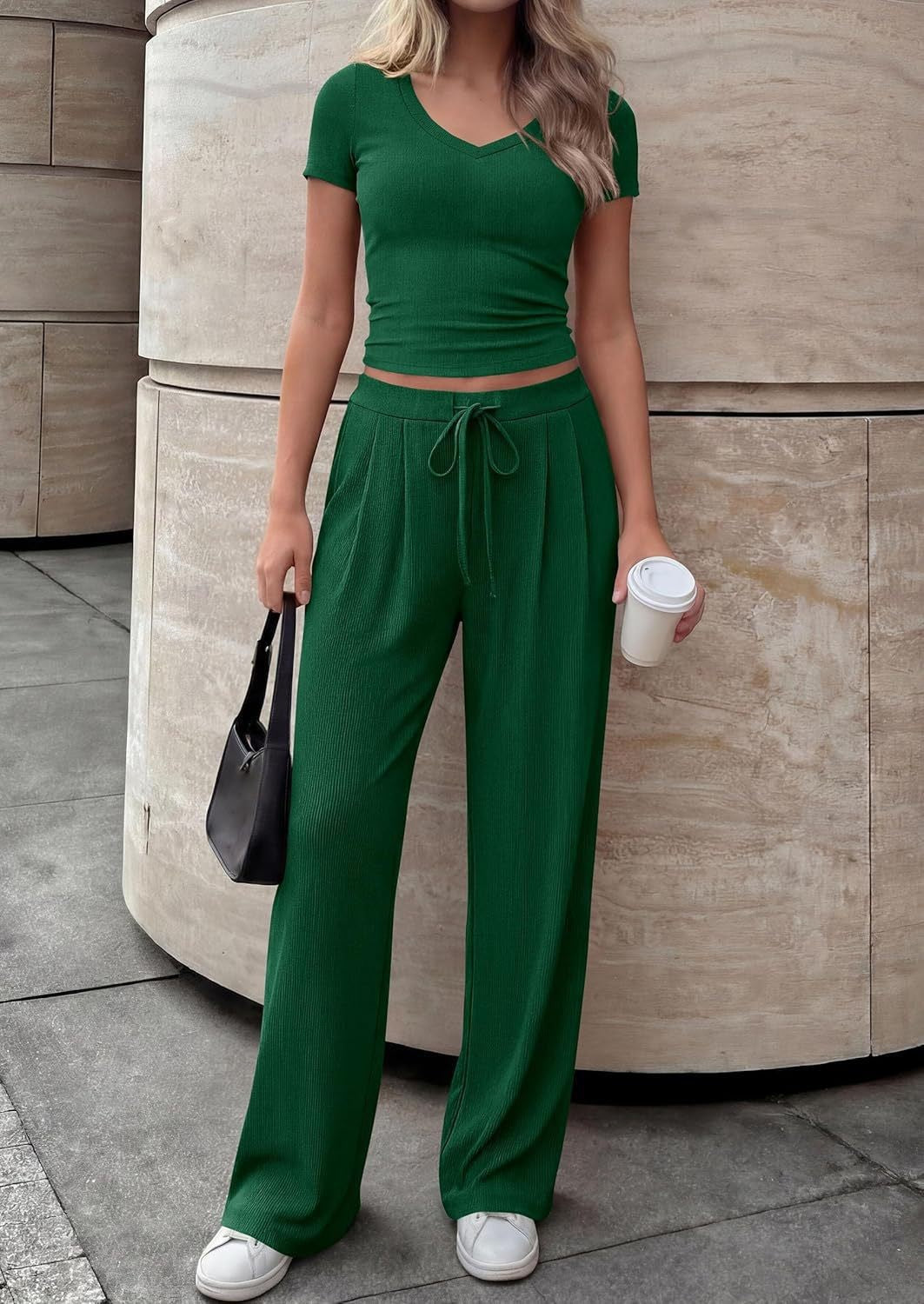 Solid-color Casual Chic V-neck Short-sleeve Top And Wide-leg Pants Set